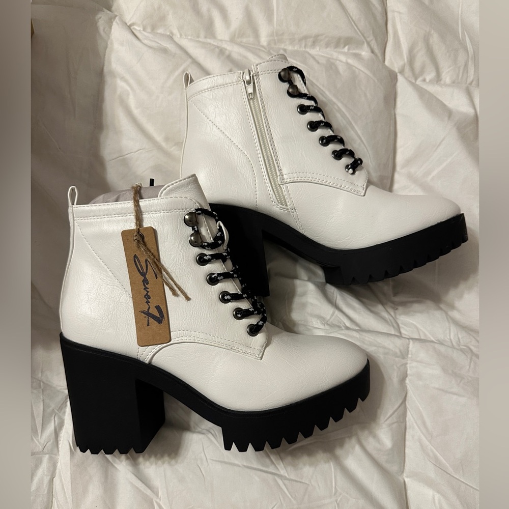 Seven7 White and Black Lug Heel Ankle Boots